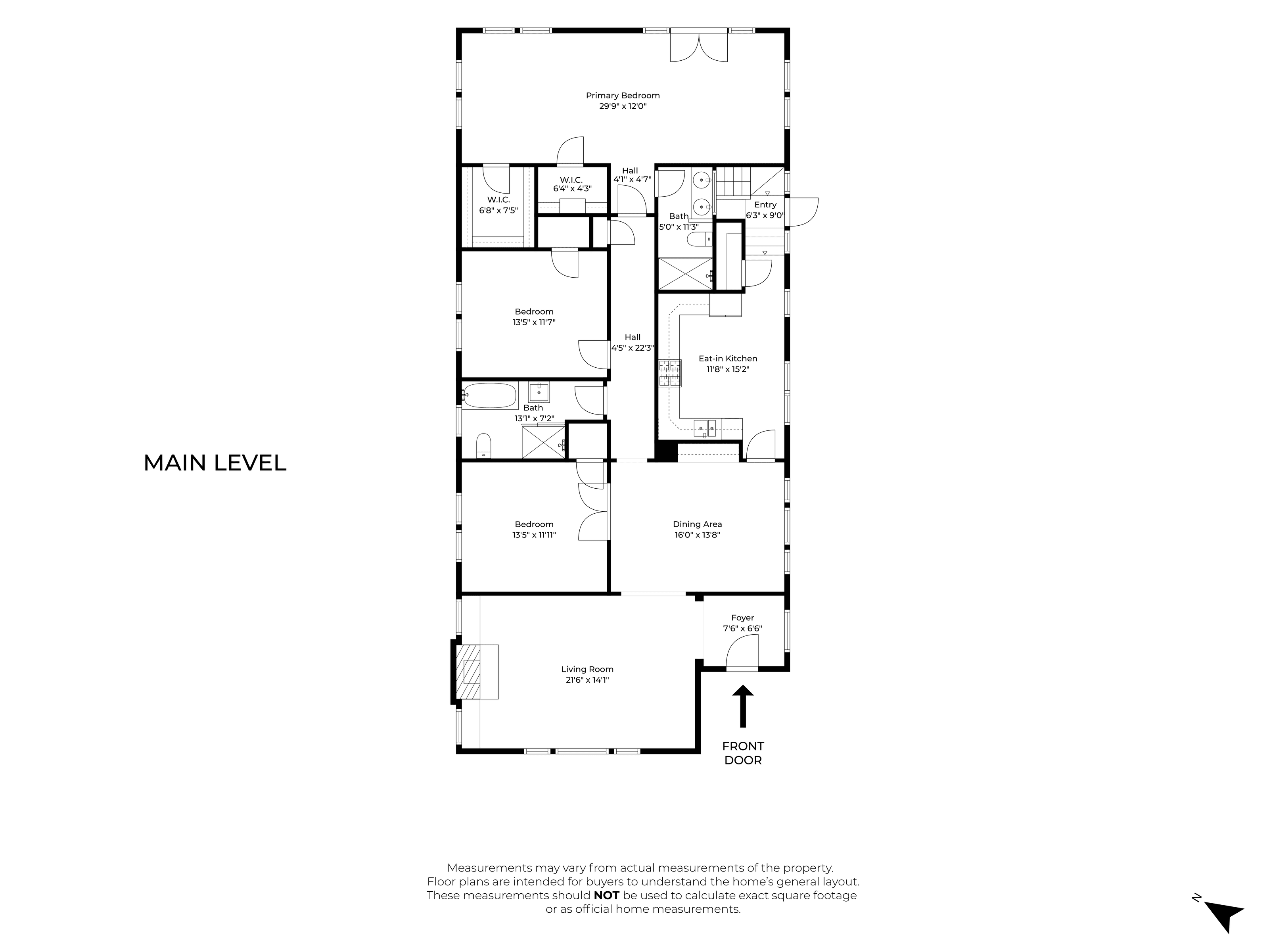 Main level floor plan: living room, foyer, dining area, eat-in kitchen, bedrooms, baths, and the primary bedroom at the rear.