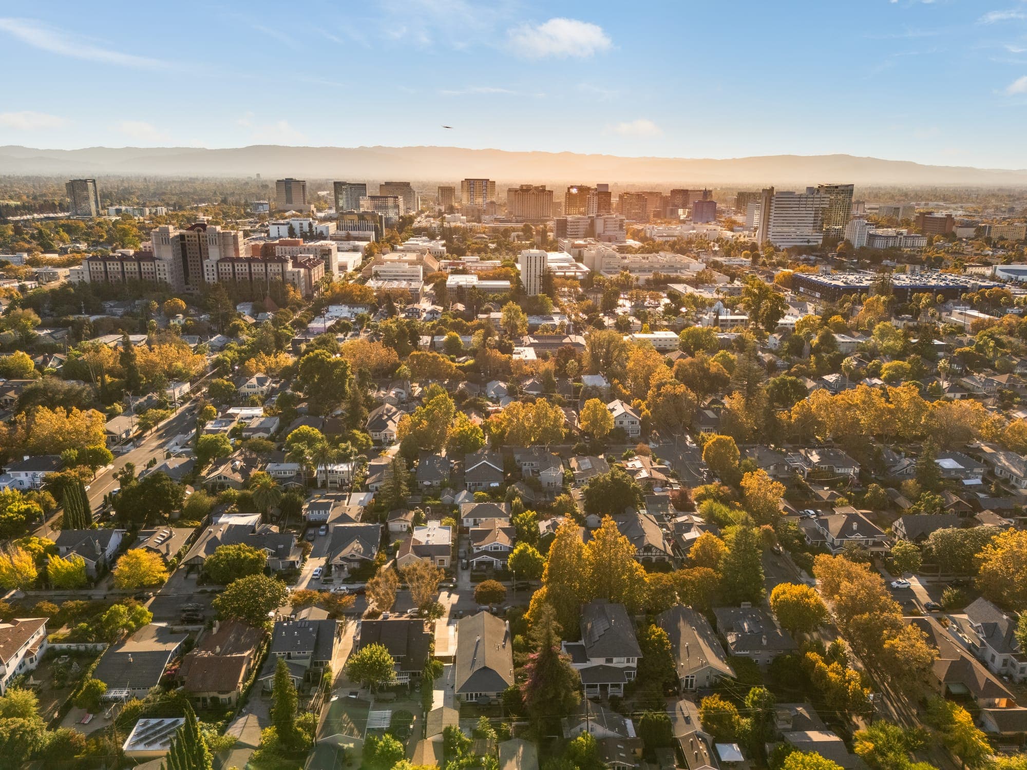 Aerial view over the tree-lined neighborhood toward the downtown San Jose skyline.