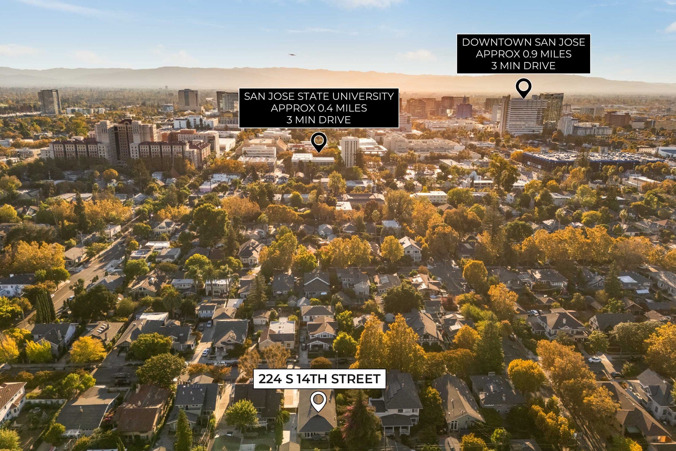 Aerial view from the home toward downtown San Jose and San José State University, with landmarks labeled.
