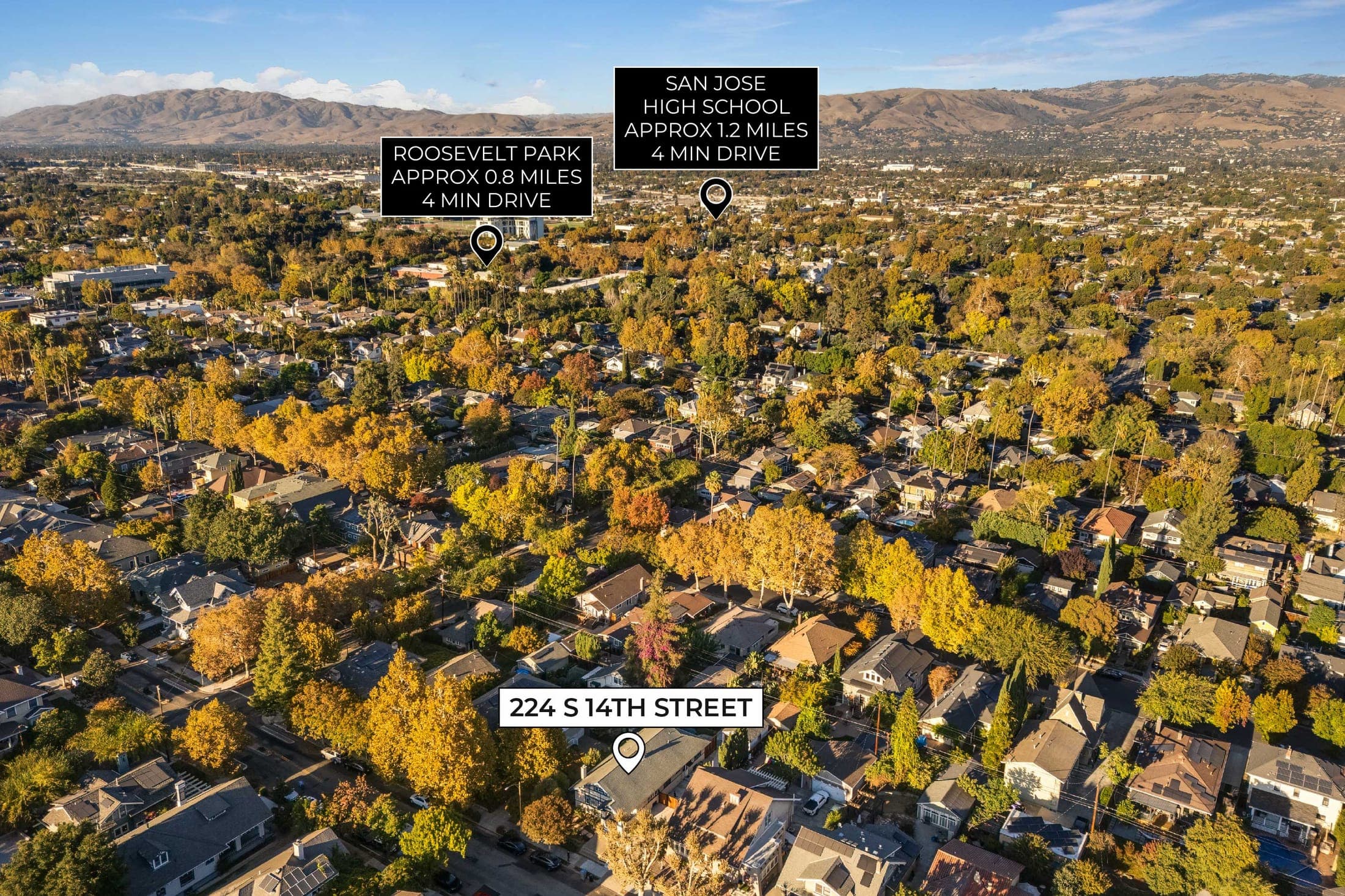 Aerial view of the surrounding neighborhood toward the hills, with nearby landmarks labeled.