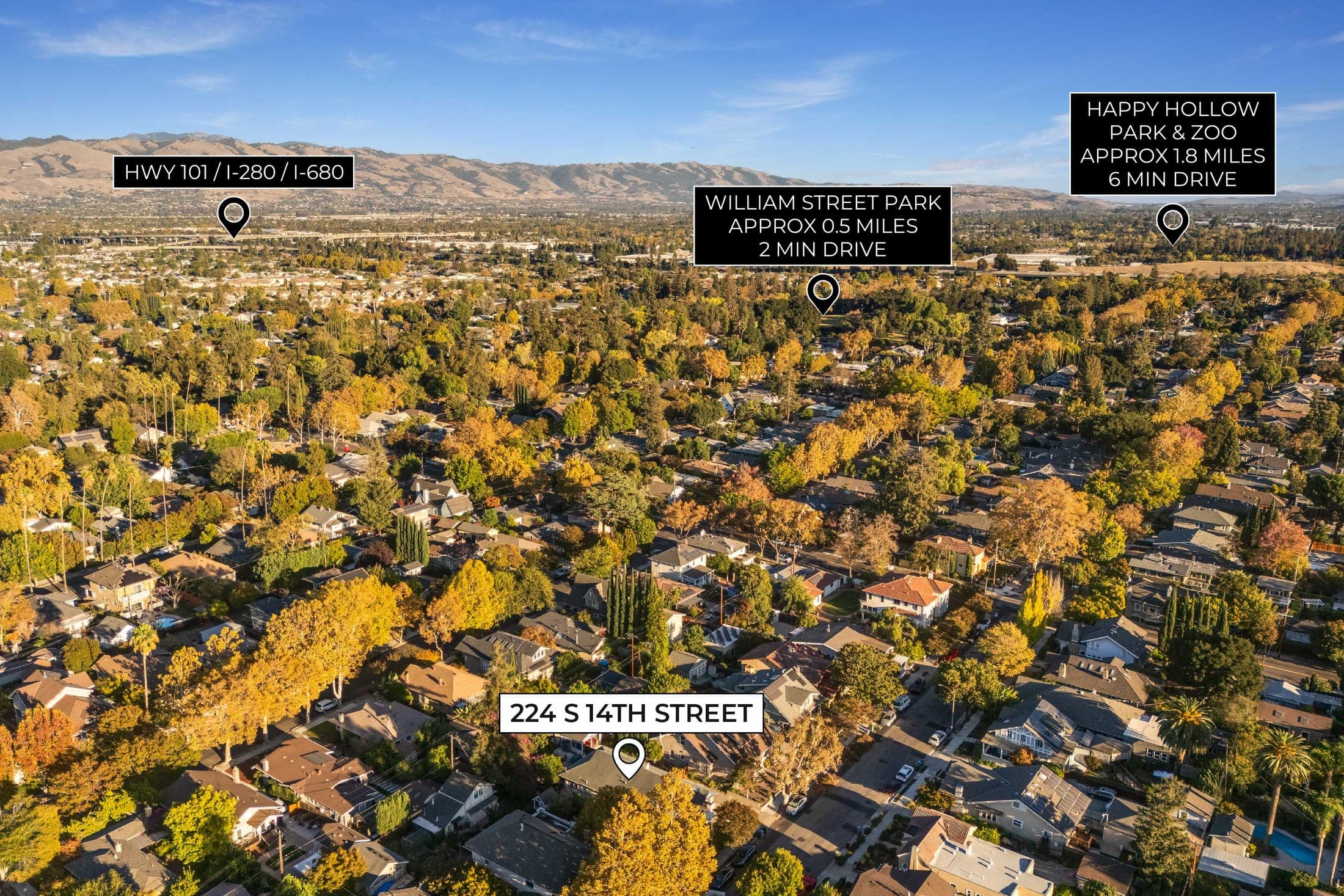 Aerial view from the home toward nearby parks and freeway access, with landmarks labeled.
